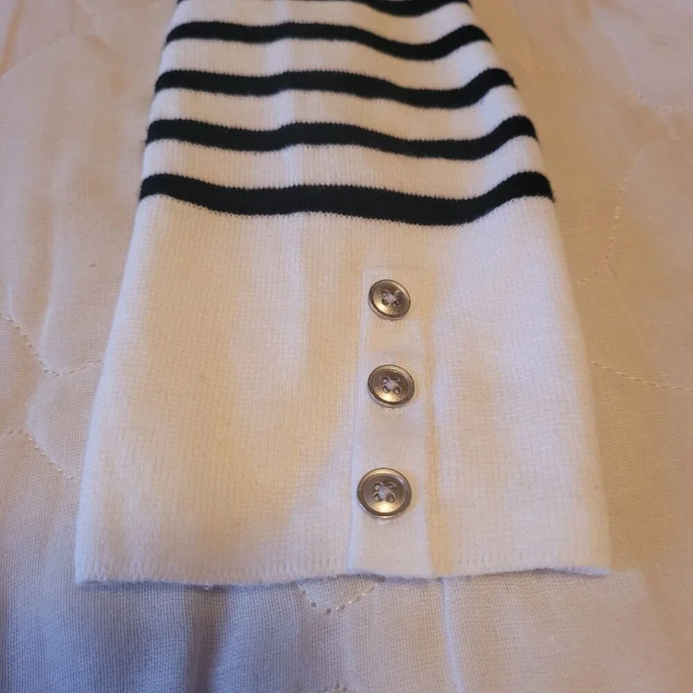 Talbots white collared polo sweater black stripes button cuffs nautical preppy M - Picture 9 of 10
